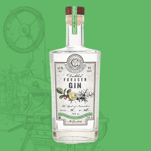 McClintock's Forager Gin bottle (clear liquid) on green background with McClintock Young's Brush Machine (c. 1891) drawing.