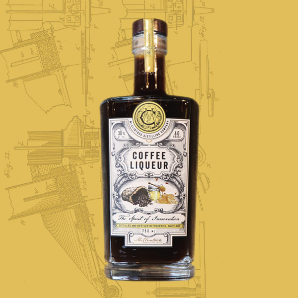 McClintock's Coffee Liqueur bottle (dark brown liquid) on mustard yellow background with McClintock Young's Brush Machine (c. 1894) drawing.