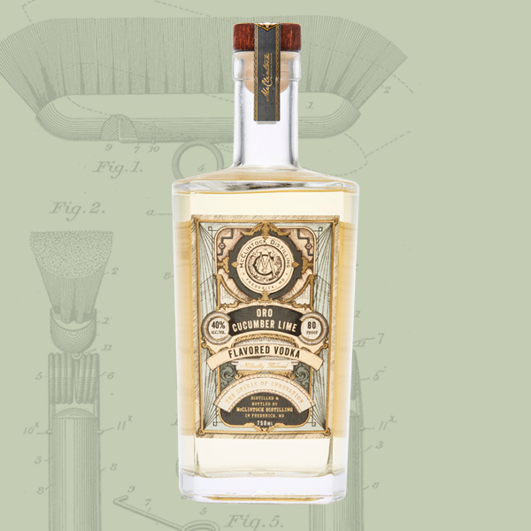 McClintock's Oro Cucumber Lime Vodka bottle (light cream liquid) on mint green background with McClintock Young's Broom drawing.